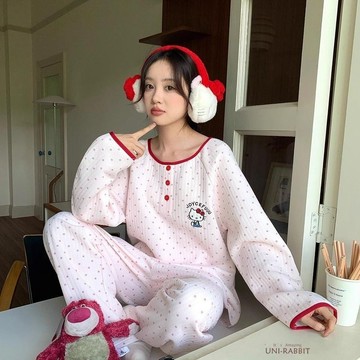 新款甜美波點圓領長袖睡衣女夾棉加厚保暖家居服可外穿兩件套女生睡衣 可愛睡衣 卡通睡衣 居家睡衣  休閒睡衣 寬鬆睡衣 睡
