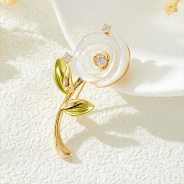 ANGEL 貝母玫瑰花優雅滴油胸針別針兩用款(金色)