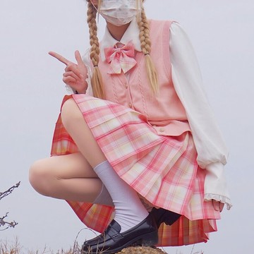 巨好看焦糖薯片JK格裙襯衫套裝貓之物語原創少女橙粉大碼百褶裙春