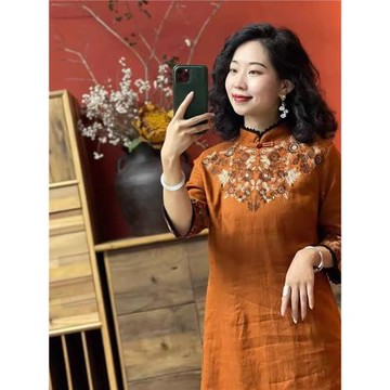 復古棉麻民族風連衣裙2025春夏新款女裝國風立領盤扣裙子刺繡長裙