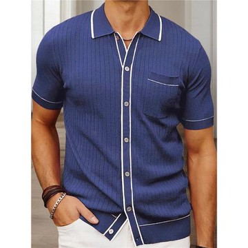 2025夏季新款開衫針織衫男士單排扣短袖商務Polo衫Men's T-Shirt