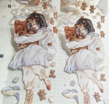 甜與夢 (女孩/甜品/小熊) 塩顏繪畫 PET 和紙膠帶 10米卷 台灣製