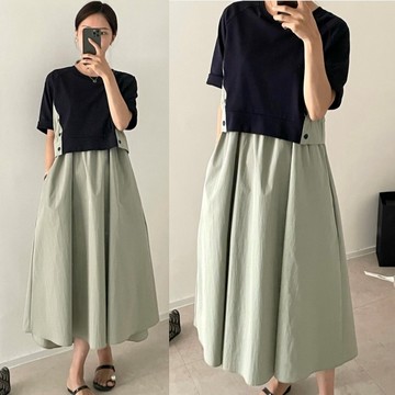 連身裙．率性假兩件撞色拼接圓領五分袖洋裝．白鳥麗子