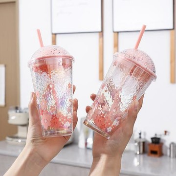 櫻花玻璃星空杯創意可愛吸管杯家用水杯果汁牛奶飲料杯學生喝水杯
