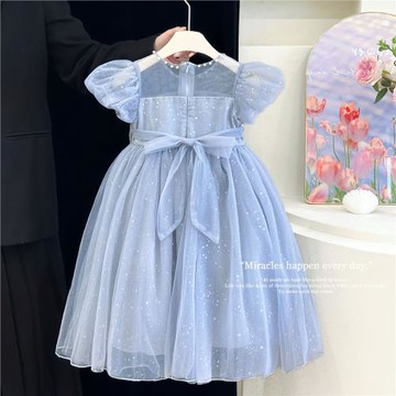 童鯊女童愛莎連衣裙夏裝女2023新款兒童泡泡袖禮服裙洋氣公主裙