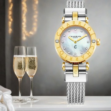 CHARRIOL 夏利豪 St-Tropez系列 時尚鑽石鋼索腕錶-28mm CR28SY.590.003