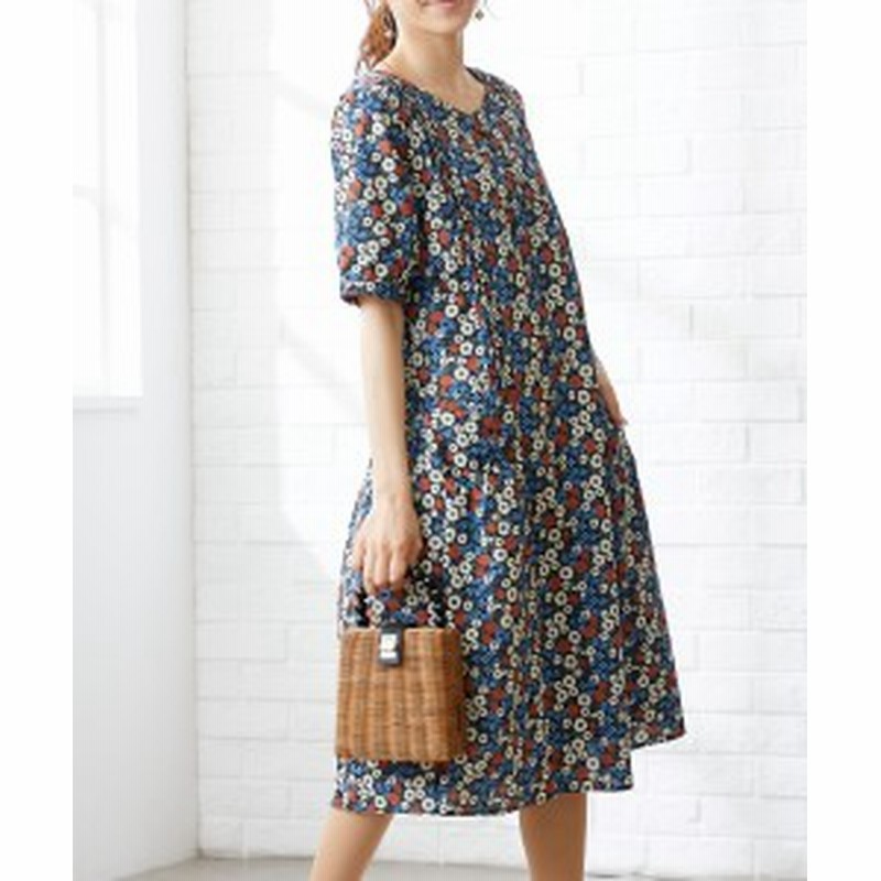 ワンピース 大きいサイズ レディース 綿100 花柄 プリント ゆったり ミディ丈 ネイビー系 Ll 3l 4l 5l 6l ニッセン Nissen 通販 Lineポイント最大1 0 Get Lineショッピング