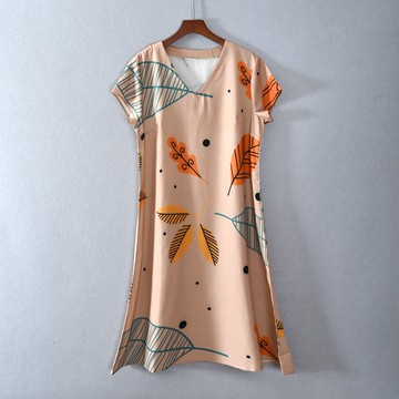 夏款女裝中長裙短袖V領花色套頭連衣裙子時尚顯瘦