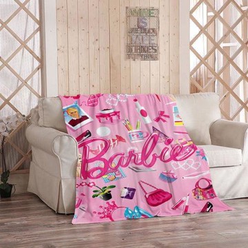 亞馬遜新款粉色芭比Barbie女孩毛毯 法萊絨印花蓋毯室內保暖批發