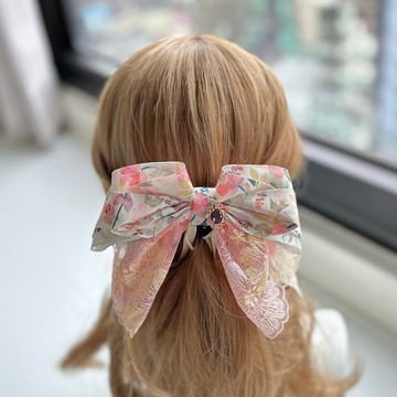 獨家金釦蕾絲蝴蝶結相交夾香蕉夾仙女夾髮夾-橘粉色