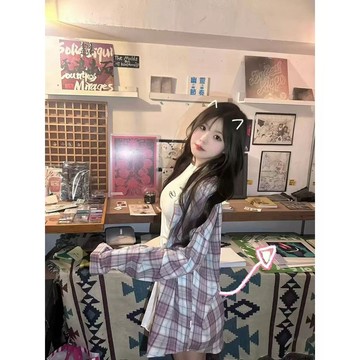【Nico】超顯白韓系小衆設計感紫色格紋長袖寬鬆襯衫女春秋冬潮牌休閒襯衣