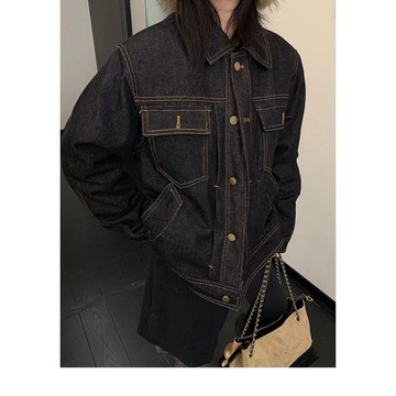 【RICECAKE & OISIS】美式翻領 水洗做舊 牛仔棉衣外套 高級感 百搭 棉服夾克 女