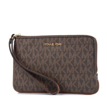 MICHAEL KORS 緹花LOGO防刮手掛L型拉鍊手拿包-咖啡色