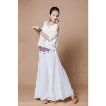 水靈 民族風原創竹節麻繡花闊腿褲裙褲長褲修身喇叭休閑褲