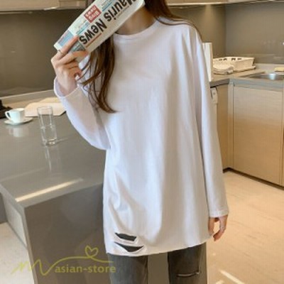 カットソー レディース ロンt トップス 白tシャツ 長袖 着痩せ ダメージ 21新作 カジュアルtシャツ 無地 通勤通学 春物 ソフト 通販 Lineポイント最大get Lineショッピング
