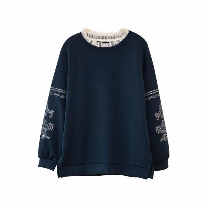 Tシャツ レディース レース かわいい 袖刺繍入り サイドベント フェイクレヤード スウェット トップス 女性 カットソー レディース Tシャツ レース かわいい サイドベント 袖刺繍入り