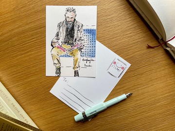 英國倫敦地鐵時尚老爺爺 水彩手繪插畫明信片