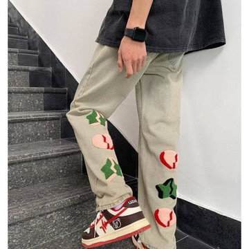 美式hiphop牛仔褲男生春秋季寬松直筒褲闊腿刺繡vibe休閑高街褲子