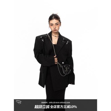 BLACKBB/小眾墊肩設計感金屬扣三色西裝外套寬肩西服黑色簡約上衣