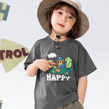 人氣卡通 - 卡通汪汪隊花紗圓領短袖上衣-卡通人物阿奇-灰色