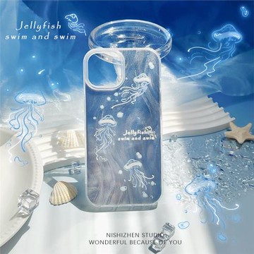 水母游游IMD羽紗殼適用iPhone15promax原創設計蘋果16promax新款iPhone17pro硅膠14涂鴉高級感全包防摔手機殼