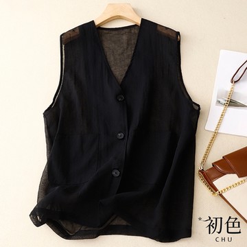 初色 棉麻風寬鬆輕薄大口袋排釦無袖中長款背心上衣-共3色-69180(M-2XL可選)