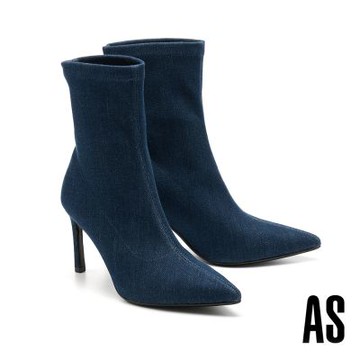 短靴 AS 極簡時髦純色牛仔布美型尖頭高跟短靴－藍