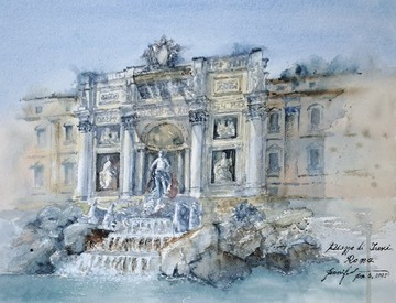 羅馬特雷維噴泉手繪水彩畫(含畫框)