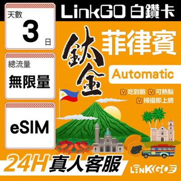 LinkGO白鑽卡 菲律賓 eSIM卡 3天鈦金款吃到飽不降速 高速流量(菲律賓網卡 宿霧 巴拉望 馬尼拉)