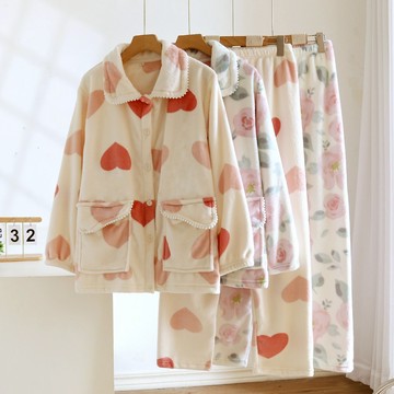 冬季保暖睡衣女士法蘭絨睡衣居家服套裝 冬季珊瑚絨加厚刷毛保暖女款秋冬法蘭絨冬款可外穿寒流必備家居服