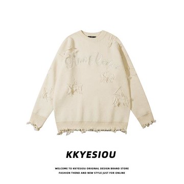 KKyesiou美式復古破洞刺繡學院風針織衫男女vintage情侶寬松毛衣