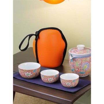 旅行茶具小套裝便攜式隨身琺瑯彩快客杯戶外車載露營泡茶一壺三杯