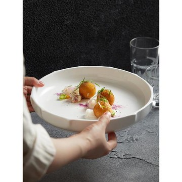 荷葉紋陶瓷盤子菜盤家用白色湯盤加深大號酒店餐具高級感西餐擺盤