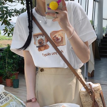 La Belleza圓領可愛貓咪狗狗吐司印花棉質T恤