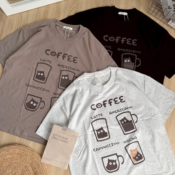 【MasCool 】COFFEE貓咪 短T 短袖 短袖TEE 短踢 素踢 落肩 T恤 T-SHIRT 寬鬆