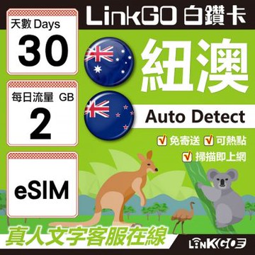 LINKGO白鑽卡 紐澳 eSIM卡 30天上網卡 每日2GB 高速流量(紐澳網卡 紐西蘭 澳洲 虛擬卡)