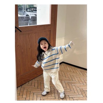 現貨女童費爾島毛衣加厚秋冬洋氣寶寶針織衫兒童休閑條紋翻領衣服