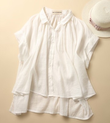 大人品味質感亞麻上衣 短袖 亞麻 抓皺 輕薄 素色 白色 190712-5