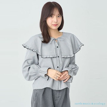 earth music 配色荷葉滾邊細格紋糖果袖襯衫