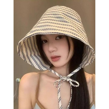 ❤️臺灣出貨❤️條紋繫帶漁夫帽女2026新款大帽檐顯臉小百搭韓版防曬包頭水桶盆帽