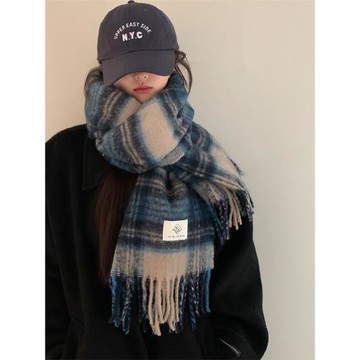 格子圍巾女冬季2025新款高級感韓系圍脖披肩兩用加厚情侶款男藍色