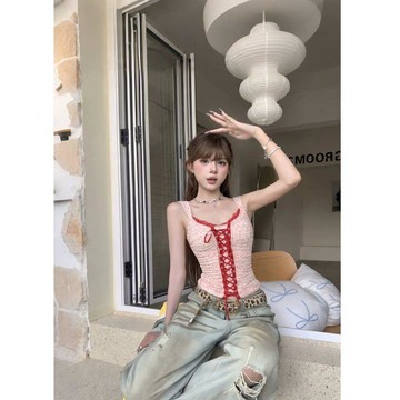 7579 人多次回購🎡少女感波點吊帶法式夏季韓系爆款交叉綁帶褶皺顯瘦內搭背心上衣女ED8M