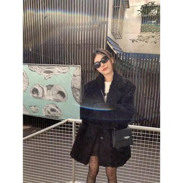 黑色翻領羊羔毛外套女冬季法式高級感小個子中長款加厚毛絨絨大衣