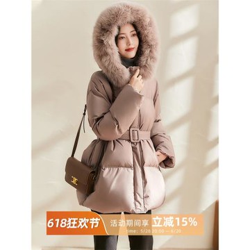 簡漫 北國雪境 真90白鵝絨 狐貍毛領連帽羽絨服女 腰帶款保暖外套