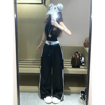 美式工裝褲女夏季寬松直筒復古高街撞色側白邊休閑運動闊腿褲子潮