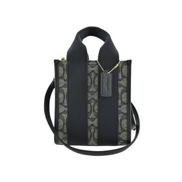 COACH海軍藍C LOGO緹花布拼接午夜藍荔枝紋皮革手提/斜背迷你琴譜托特包