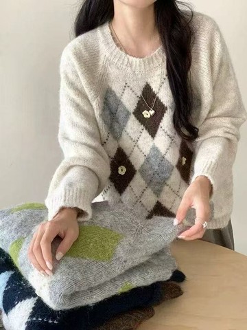 【百搭系列】格紋小町菱格紋緹花針織毛衣