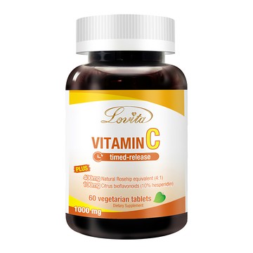 Lovita 緩釋型維生素C素食食品錠 每顆含1000毫克維生素C 含柑橘類黃酮和玫瑰果萃取  60顆  1罐