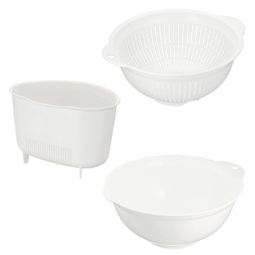 【Lustroware】日本岩崎24cm深型濾水碗籃組+三角濾水籃 白色 日本製(原廠總代理)