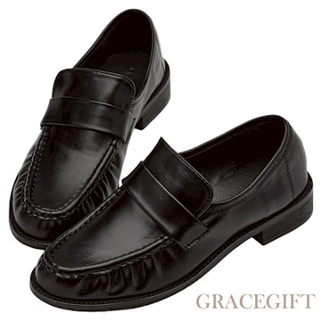 【Grace Gift】校園女孩柔軟可後踩褶皺樂福鞋 黑